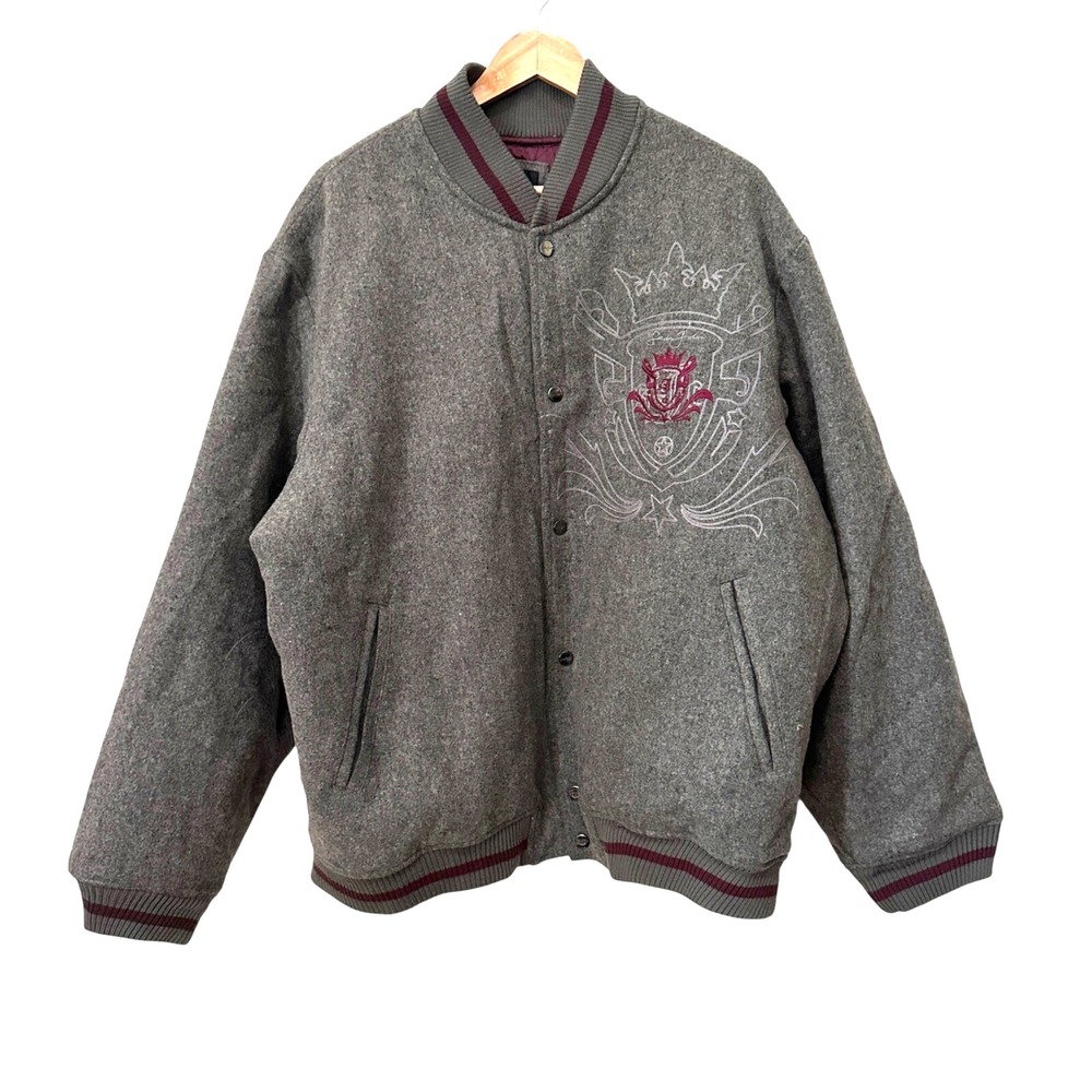 SEAN JOHN Vintage Mens Grey Varsity Bomber‎ Jacket Embroidery Snap Pockets XL